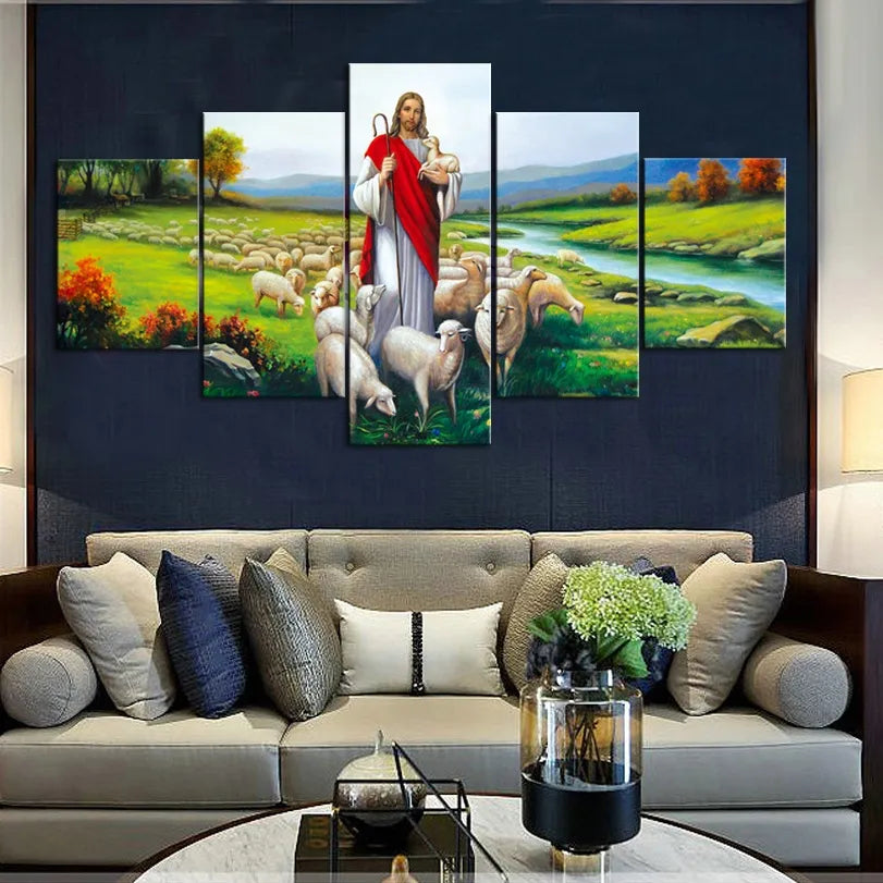 Jesus and Sheep Canvas Wall Art Living Room Decor