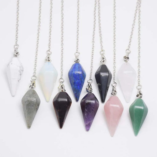 Natural Stone Quartz Healing Pendulum Necklace with Hexagonal Cone Crystal