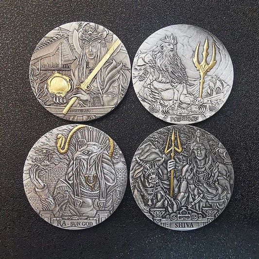 Non-Magnetic Challenge Coin: Egyptian Sun God, Japanese Amaterasu, Greek God Poseidon and Indian God Shiva