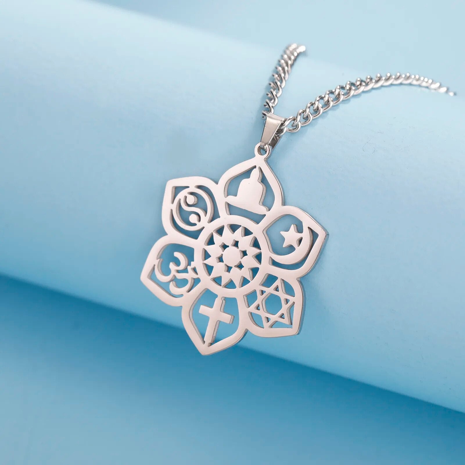 Stainless Steel Lotus Flower Pendant Necklace