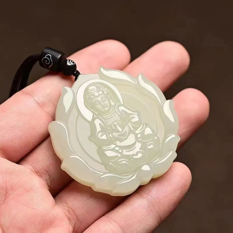 Green Guanyin Lotus Pendant Necklace