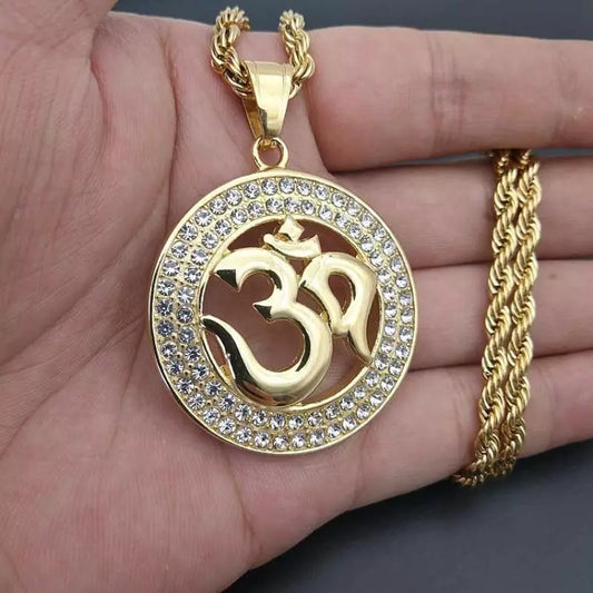 Hinduism Gilded Om Symbol Rune Pendant Necklace - Front View