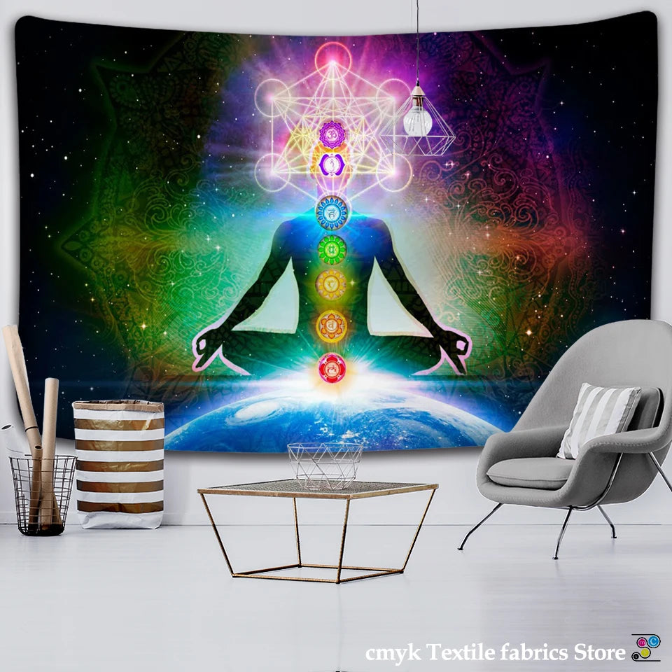 Indian Buddha Statue Meditation 7 Chakra Tapestry - Mandala Tapestries Wall Hanging